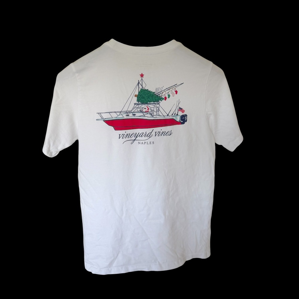 Vineyard Vines Naples Christmas Boat Pocket T-Shirt White Cotton 6V1570 L 16